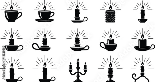 Candle silhouette icons set with various burning wax lights in holders and candelabra isolated on white background for relaxation design.