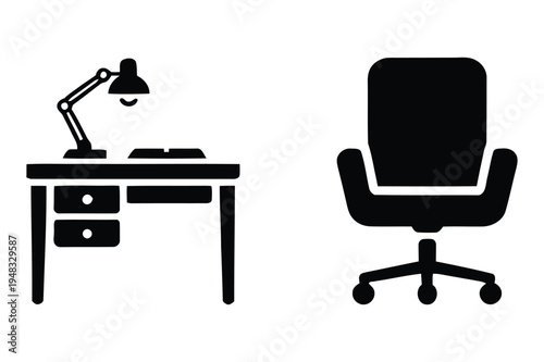 Office icons: desk with lamp, swivel chair, black and white