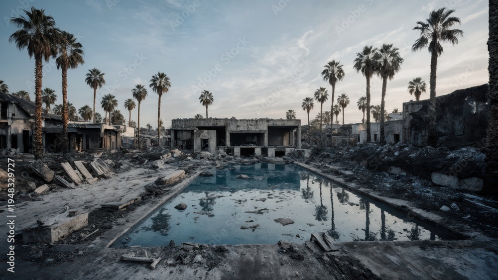 Fototapeta premium Abandoned Luxury Resort Pool Burned Ruins Palm Trees Wildfire Aftermath Apocalyptic Landscape