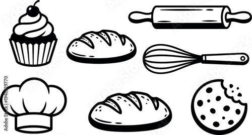 Black and white vector art of baking tools and pastries including chef hat cupcake rolling pin whisk bread and bitten cookie illustration