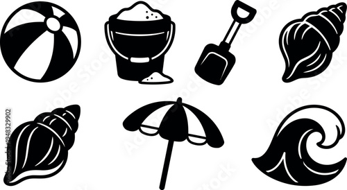Black silhouette beach ball bucket shovel seashell umbrella and wave icons set for summer and seaside theme