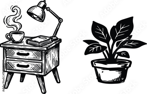 Line art close up vintage bedside table with desk lamp steaming coffee cup book and potted houseplant black ink illustration
