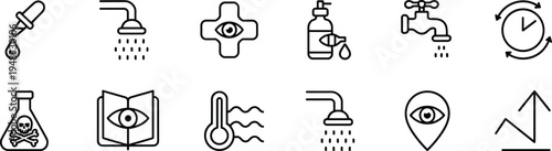 Medical and hygiene line icon set, eye care, shower, sanitizer, water tap, temperature, laboratory hazard symbols vector