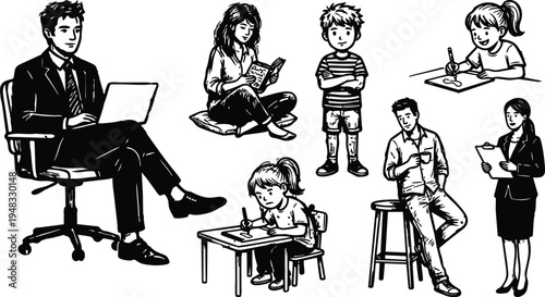 Line art vector montage of diverse people sitting reading writing using laptop standing with clipboard casual coffee break scene office