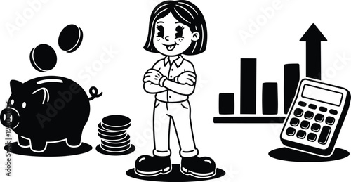 Retro cartoon nineties smiling confident girl folded arms standing between piggy bank and calculator rising bar chart coins close up