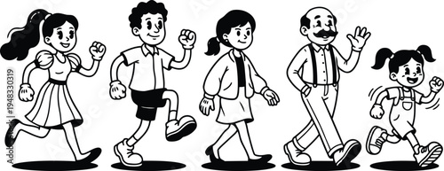 Retro cartoon line art side view family and children walking and jogging in a row cheerful high contrast vector illustration