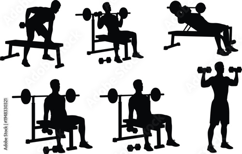 Gym workout silhouette collection, weightlifting and strength training exercises vector set, bodybuilding fitness equipment icons, athlete workout poses, gym training illustration