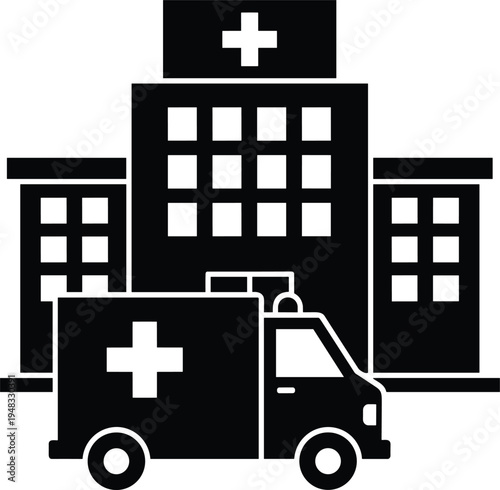 Hospital building with ambulance icon representing emergency healthcare services, medical center facility and ambulance transport concept, hospital emergency department illustration