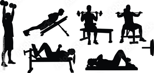 Gym workout silhouettes collection vector, weightlifting dumbbell bench press and fitness training exercises set, bodybuilding athlete icons isolated illustration