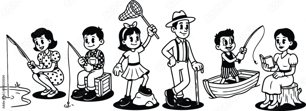 Fototapeta premium Retro cartoon fifties side view family fishing scene smiling children with net and boat grandfather reading woman on stump sunny