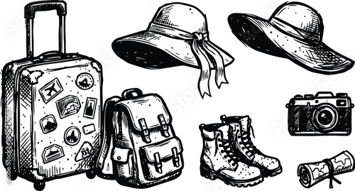 Vintage ink travel gear composition suitcase backpack boots camera rolled map sun hat arranged on white background with sketchy linework