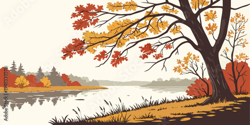 a tree with colorful leaves by a lake Vector