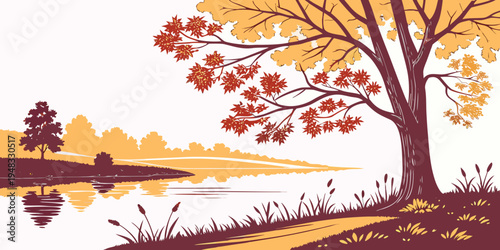 a tree with yellow and orange leaves by a lake Vector