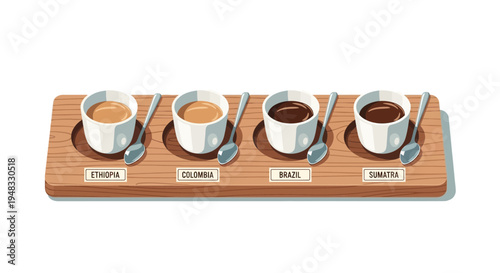 Coffee tasting flight with four cups and spoons on wooden tray
