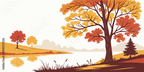 a tree with yellow and orange leaves on a hill Vector