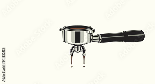 Espresso machine portafilter with coffee drips, isolated on white background.