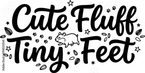 Cute fluffy hamster with tiny feet surrounded by seeds and paw prints black and white vector art design
