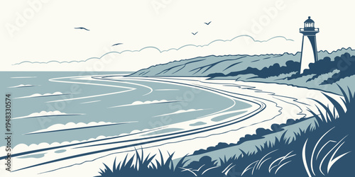 a serene coastal landscape with a lighthouse Vector