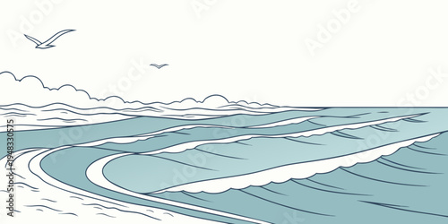 a serene beach scene with waves and seagulls Vector