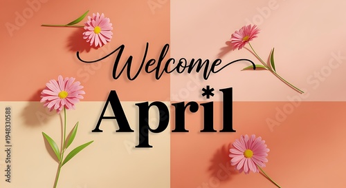 Welcome April greeting card design featuring delicate pink flowers on pastel gradient background