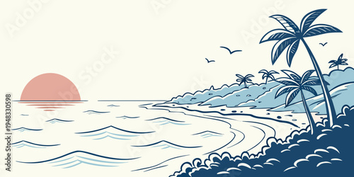 a serene tropical beach at sunset with palm trees Vector