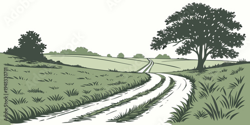 a dirt road winding through a green landscape with trees Vector