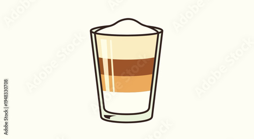 Layered latte macchiato in a clear glass, simple flat illustration, beige background