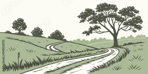 a stream runs through a green landscape with a large tree Vector