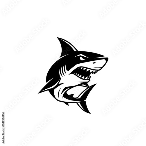 Black and white aggressive shark mascot illustration with sharp teeth and open mouth.