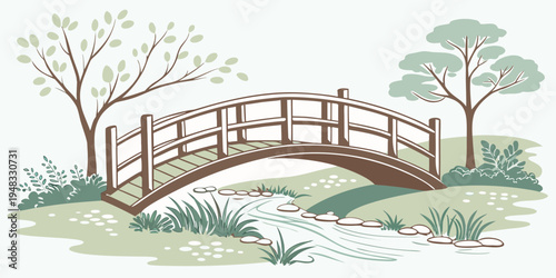 a small wooden bridge over a stream in a park Vector