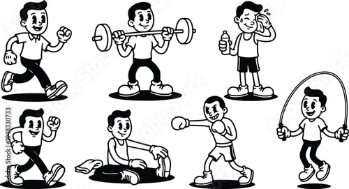 Retro cartoon fitness icons smiling man running weightlifting boxing jump rope stretching with towel and water bottle front view monochrome