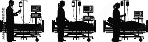 Hospital patient care silhouette with doctor and nurse monitoring IV drip and medical equipment beside bed, healthcare treatment and clinical monitoring vector illustration set