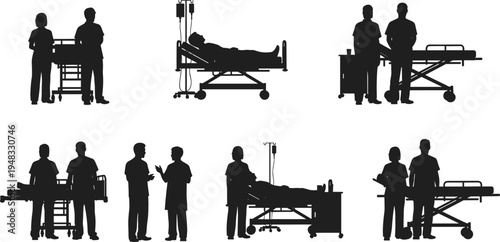 Hospital medical staff and patient silhouettes set, doctors and nurses with hospital bed and stretcher, healthcare treatment and emergency care concept illustration