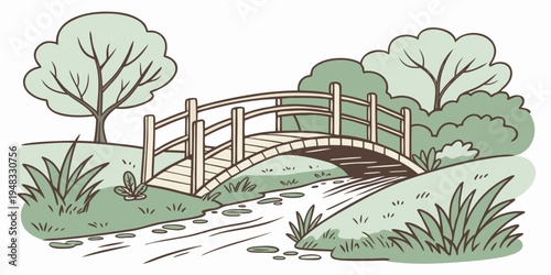 a small wooden bridge over a stream in a park Vector