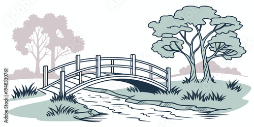 a small wooden bridge over a stream in a rural area Vector