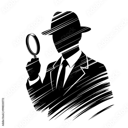 Abstract detective silhouette holding magnifying glass for investigation. Stylized black figure of abstract detective with elegant strokes, wearing hat and suit, suggesting mystery and search.