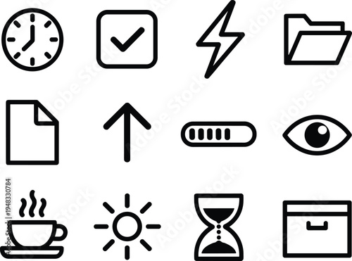 User interface line icon set, clock check lightning folder file upload battery eye sun coffee hourglass box symbols
