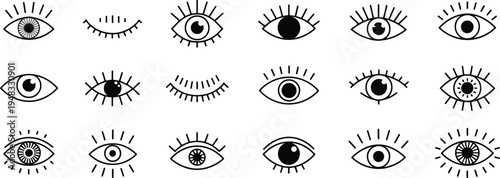 Eye and eyelash line icon set, human vision symbols collection, eyesight observation design elements, outline vector illustration pack