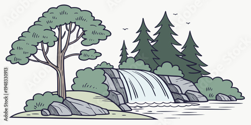 a waterfall cascading down a rocky slope surrounded by trees Vector