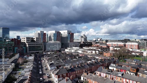 Wallpaper Mural Drone flying over Dublin business district with office buildings and clouds Torontodigital.ca