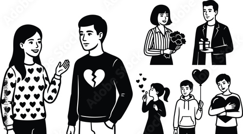 Line art close up couple with broken heart sweater woman smiling talking man looking away gift bouquet and heart motifs