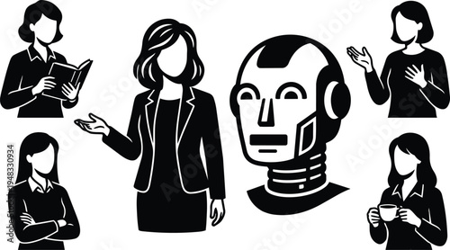 Minimalist flat design vector businesswoman group with robot head close up interaction corporate presentation setting backlit eye contact holding cup