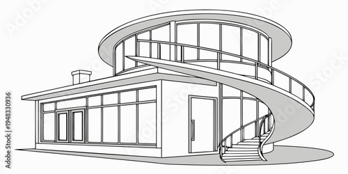 a modern house with a spiral staircase and large windows Vector