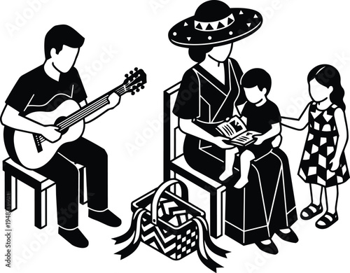 Flat design mother wearing sombrero reading to child while father plays guitar seated on chair picnic basket daughter standing close
