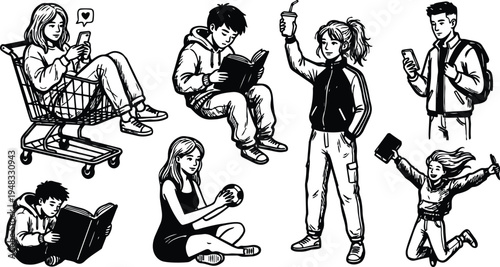 Line art vector set showing seven teenagers in casual poses reading books using phones sitting in cart holding drink jumping