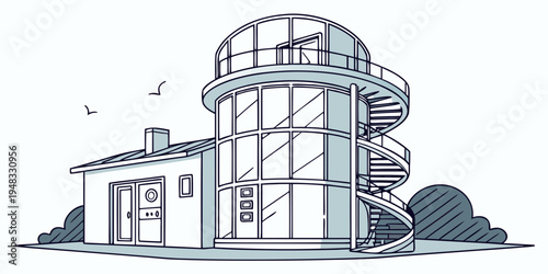 a large industrial building with a spiral staircase Vector
