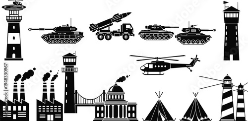 Industrial, military and landmark silhouette icon set featuring tanks, missile launcher, helicopter, factories, lighthouse, bridge, tents and buildings isolated for design illustration