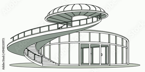 a spiral ramp with a staircase leading to an upper level Vector