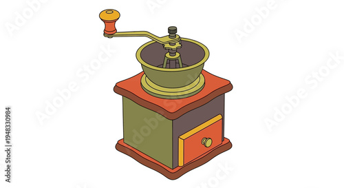 Vintage coffee grinder with crank handle, isolated on white background.