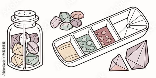 a jar and pillbox filled with colorful pills and capsules Vector